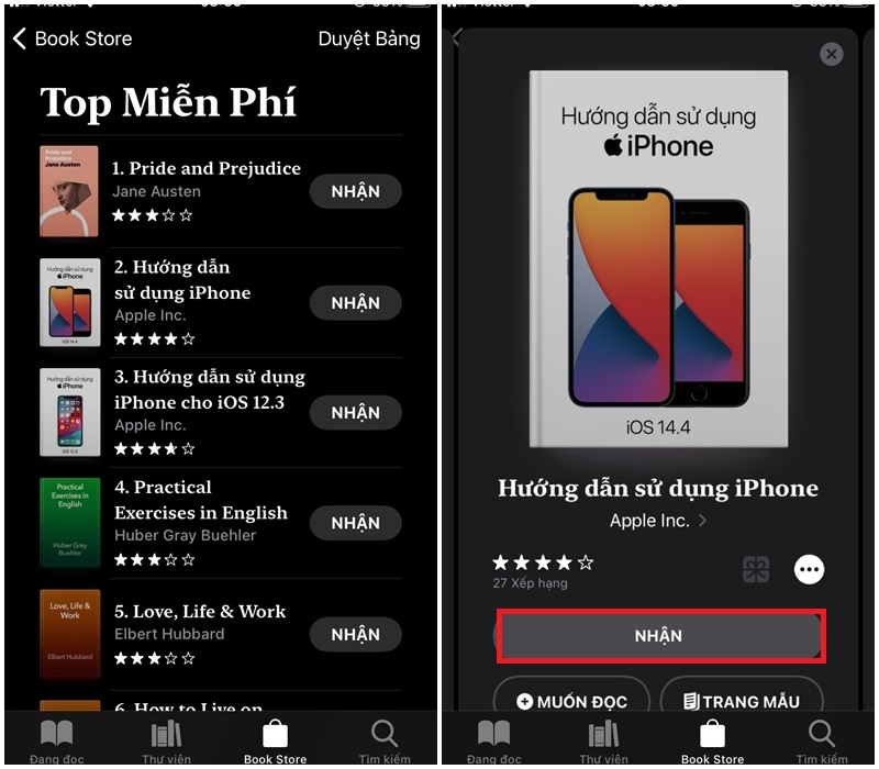Chọn sách cần tải và nhấn nhận để lưu về máy