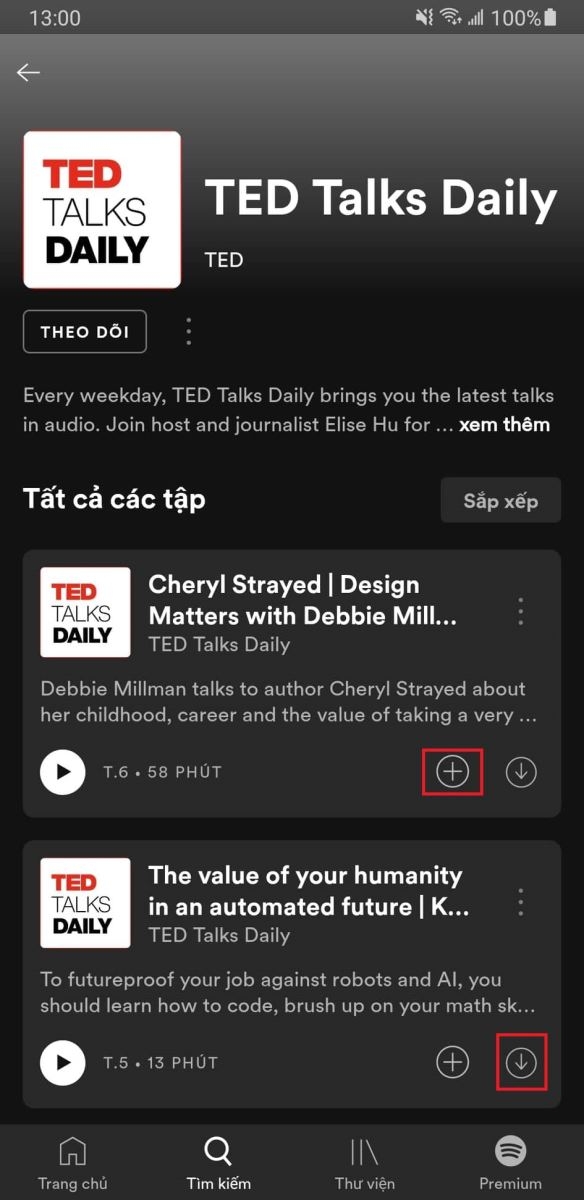 Thêm tập yêu thích vào thư viện hoặc tải về điện thoại