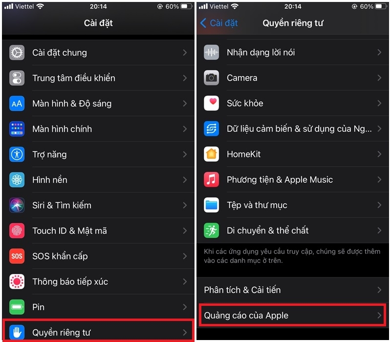 Chọn mục Quyền riêng tư trong Cài đặt > Chọn Quảng cáo Apple