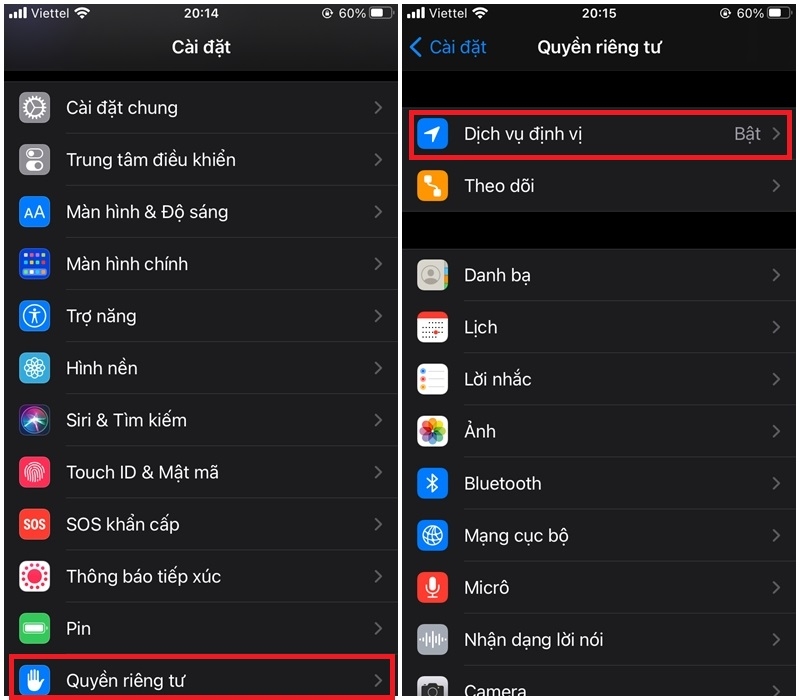 Chọn Dịch vụ định vị trong mục Quyền riêng tư
