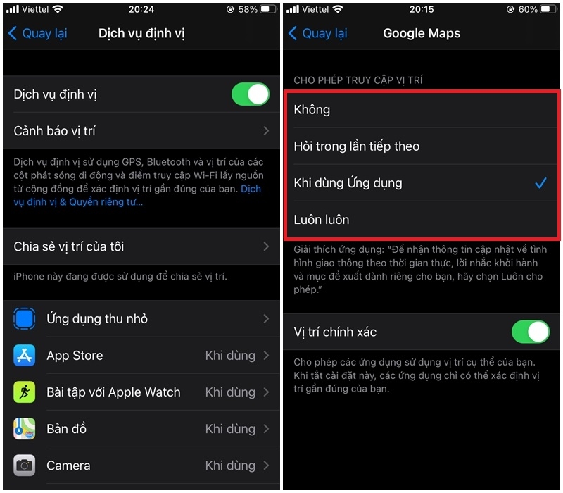 Thiết lập ứng dụng nào được quyền sử dụng vị trí