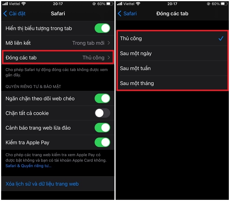 Các tùy chọn về thời gian Đóng các tab