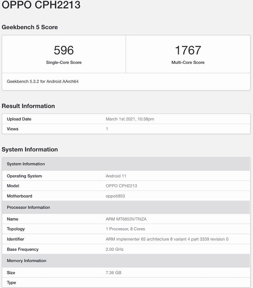 OPPO F19 Pro+ xuất hiện trên Geekbench