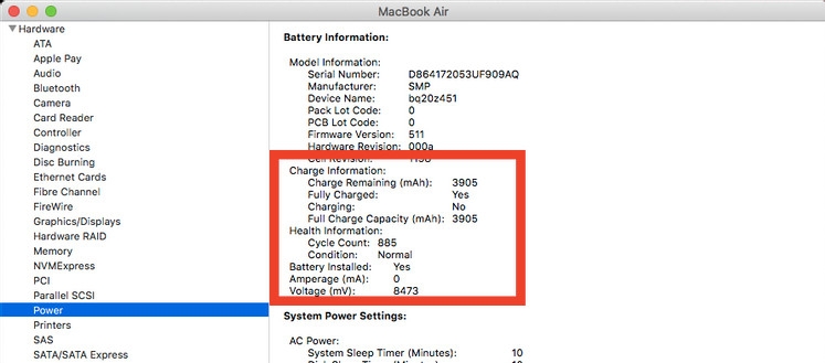 Thông tin về pin trên máy Mac