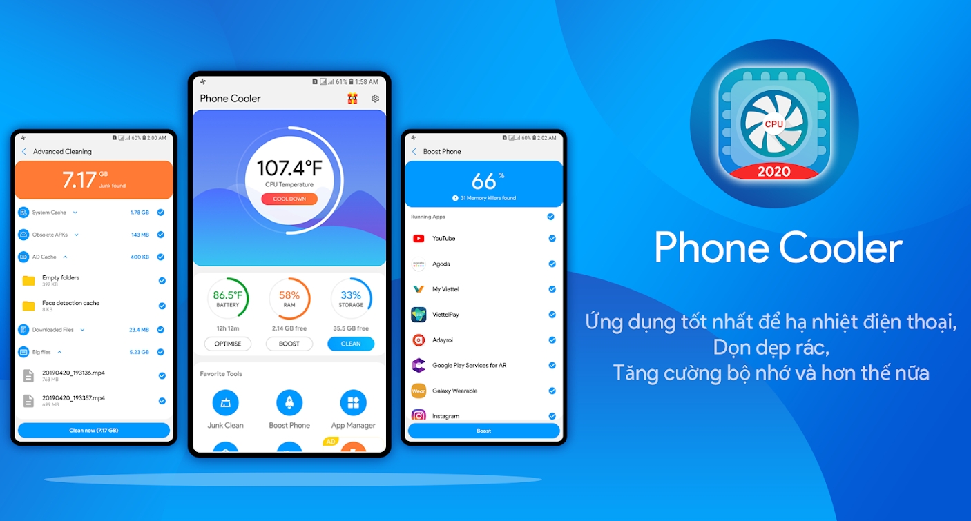Làm mát điện thoại Hạ nhiệt CPU, Tăng tốc, Dọn rác