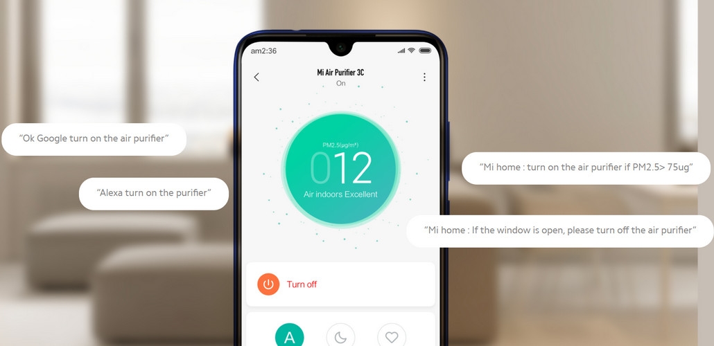 Máy lọc không khí Xiaomi Mi Air Purifier 3C có thể điều khiển qua app hay giọng nói rất tiện lợi