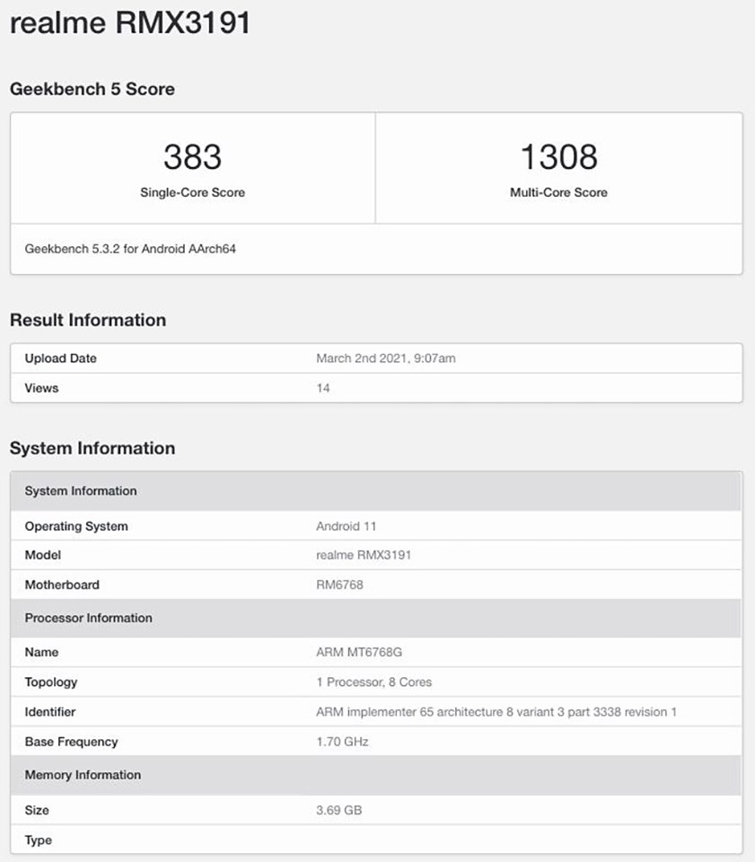 Realme C25 lộ cấu hình trên Geekbench Realme C25 lộ cấu hình trên Geekbench