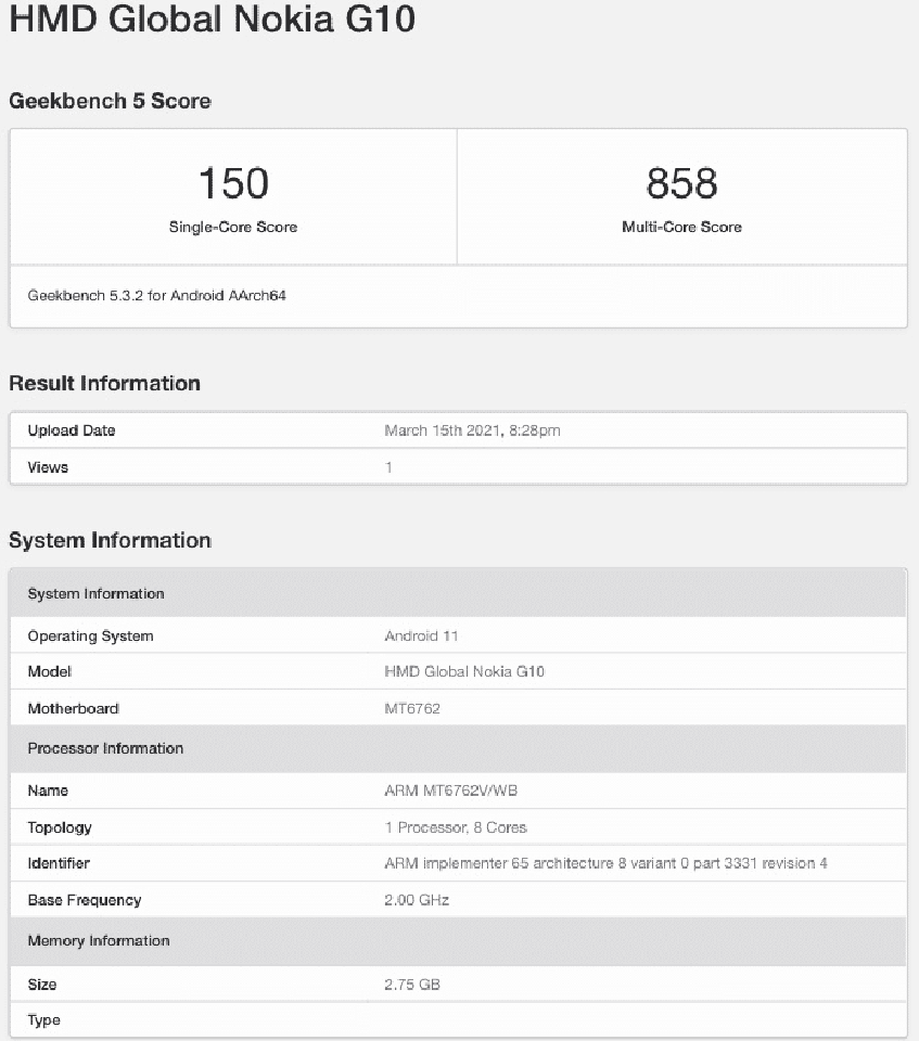Nokia G10 xuất hiện trên Geekbench