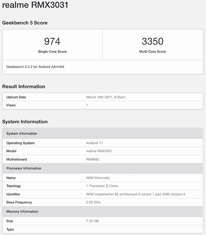 Realme GT Neo lộ cấu hình trên Geekbench