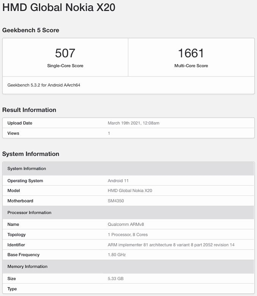 Nokia X20 được phát hiện dùng chip Snapdragon 480 trên Geekbench