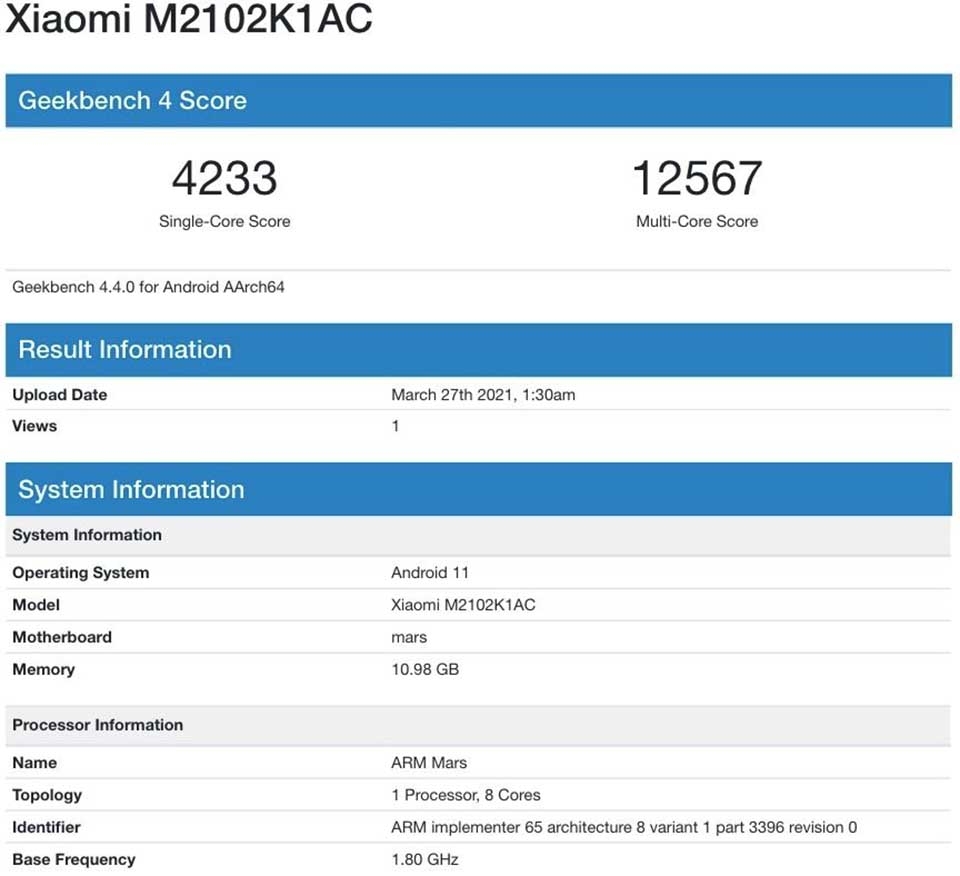 Xiaomi Mi 11 Pro xuất hiện trên Geekbench Xiaomi Mi 11 Pro xuất hiện trên Geekbench