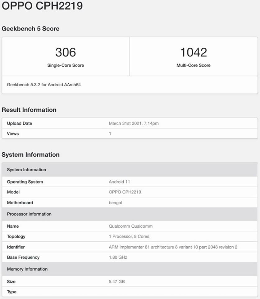 OPPO A74 4G lộ cấu hình trên Geekbench OPPO A74 4G lộ cấu hình trên Geekbench