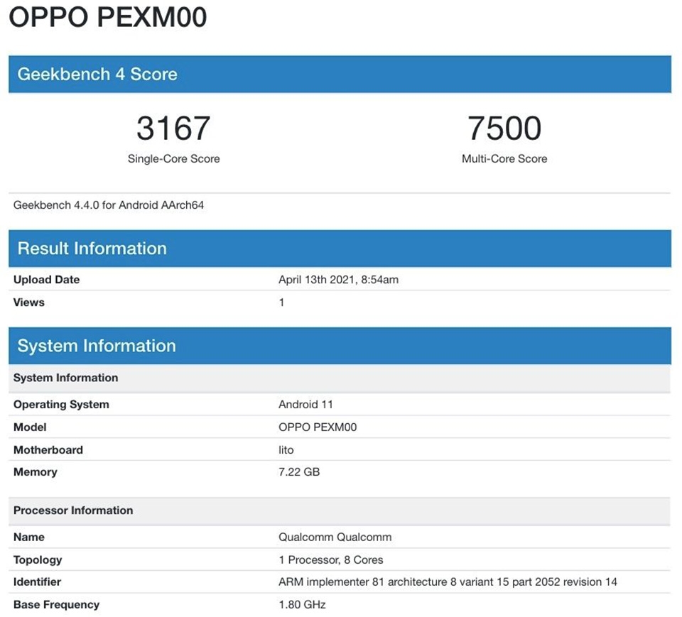OPPO Reno6 xuất hiện trên Geekbench