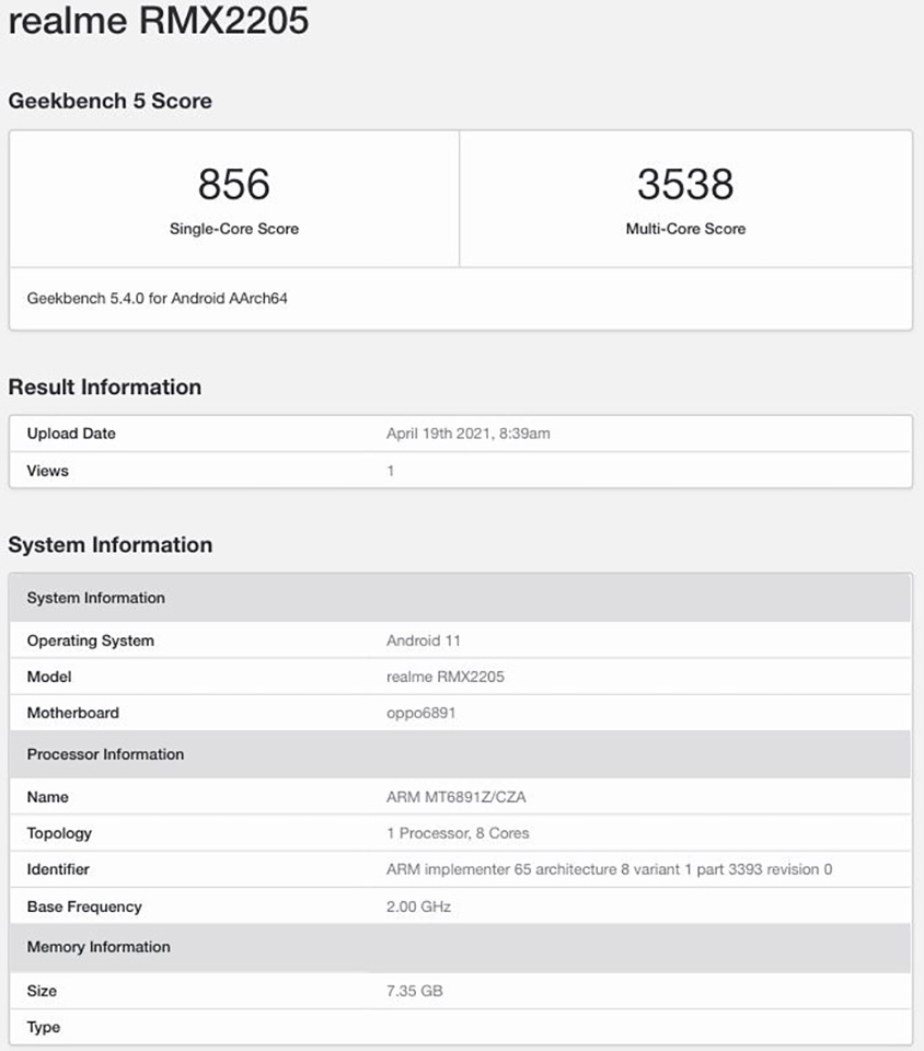 Realme Q3 Pro lộ cấu hình trên Geekbench