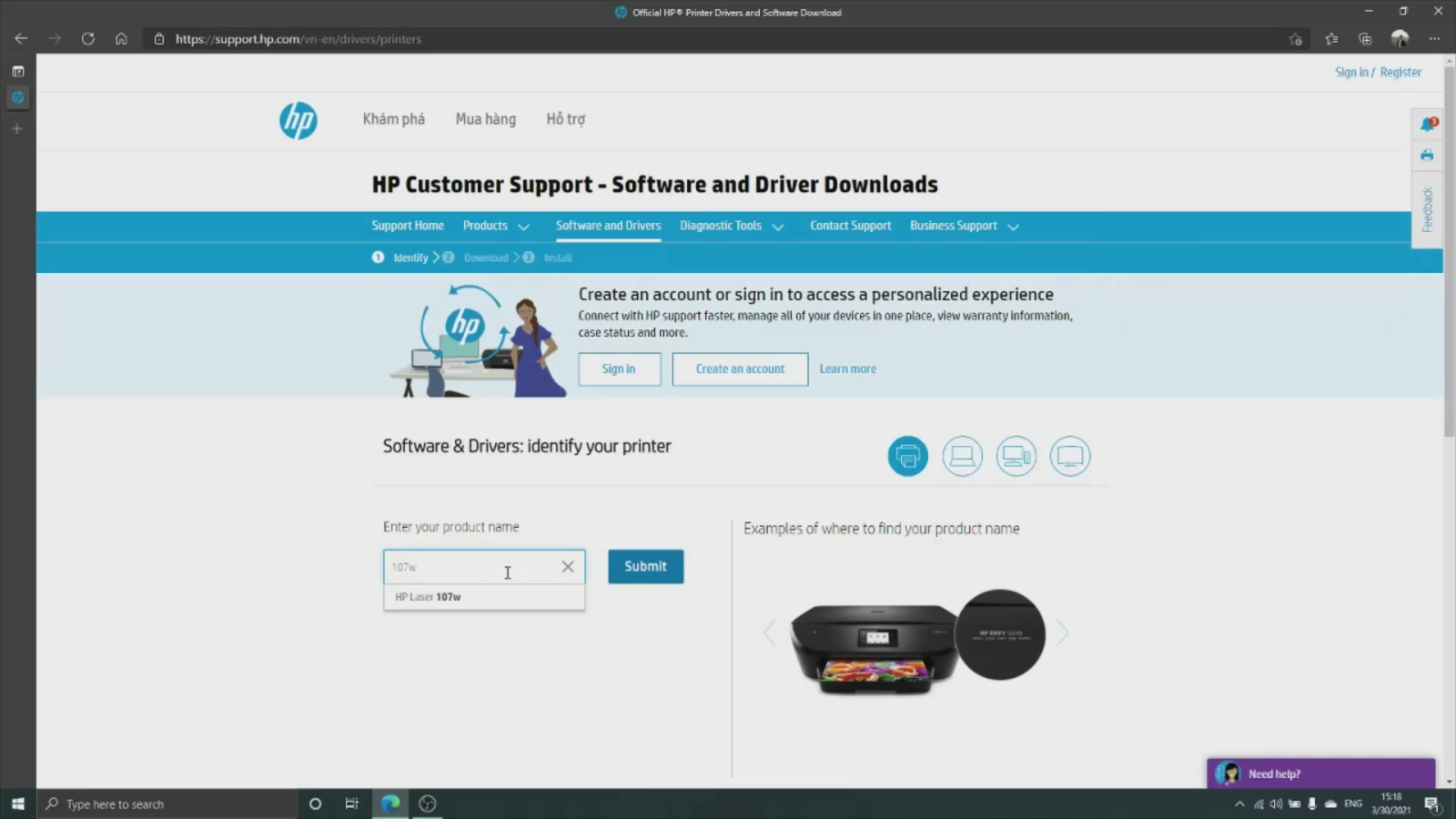 Nhập tên máy in HP