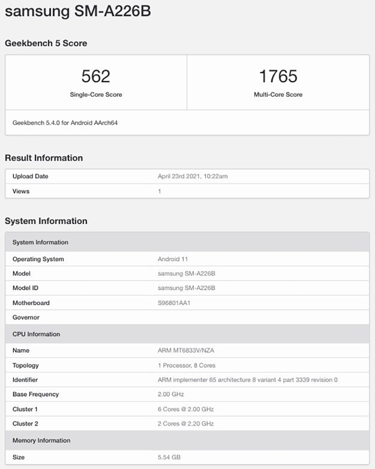 Galaxy A22 5G lộ cấu hình trên Geekbench (ảnh 1)