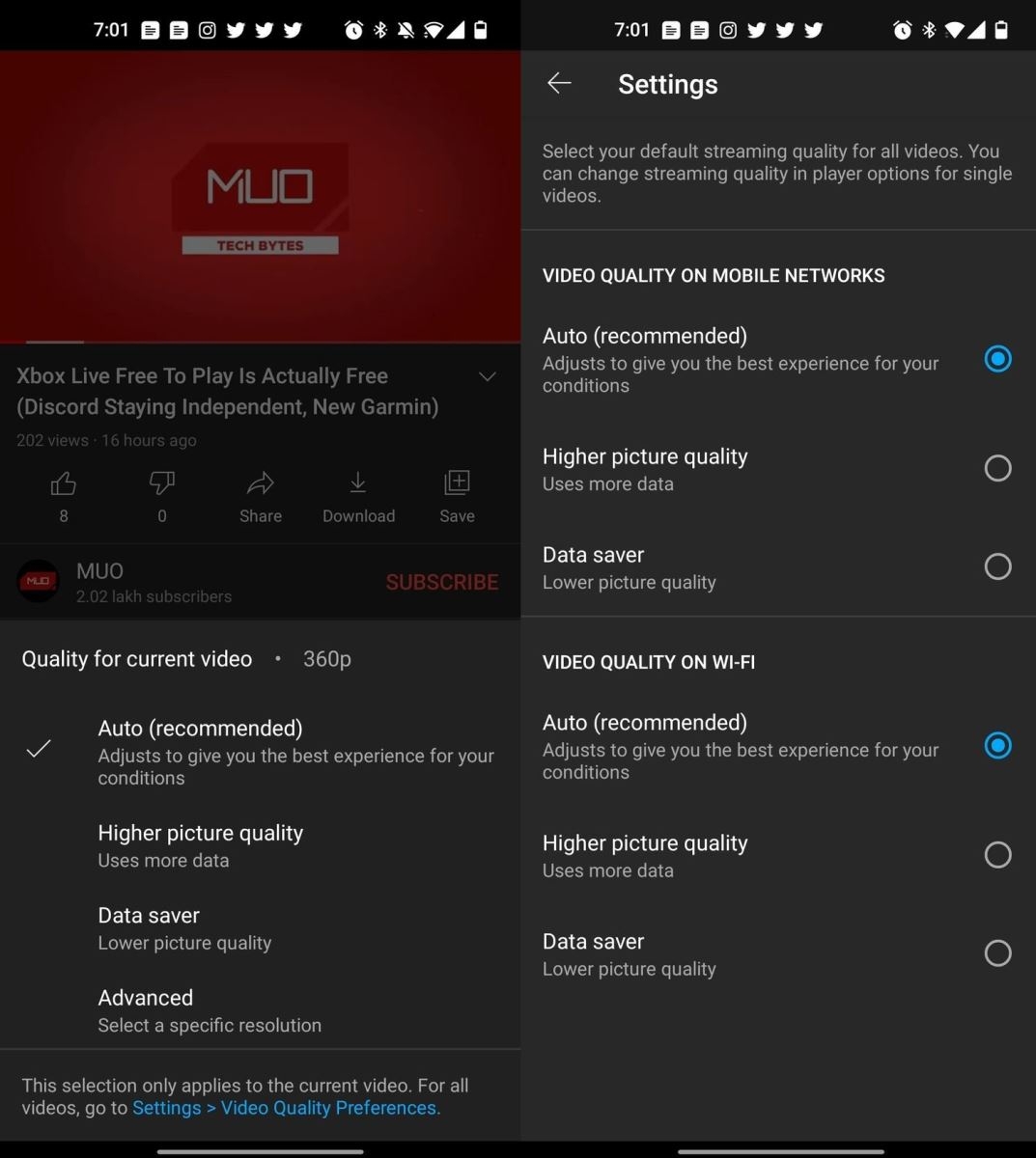 Chọn chất lượng video trên ứng dụng YouTube