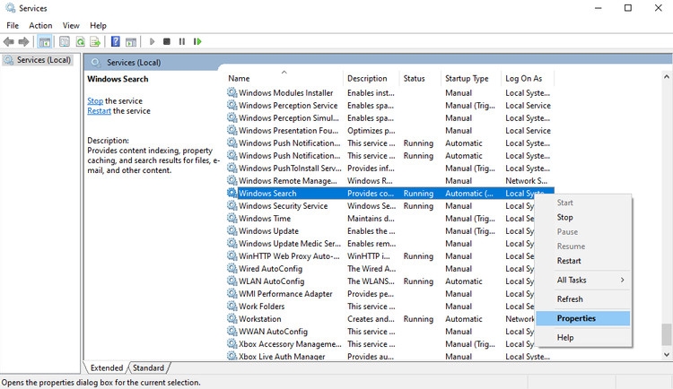 Kiểm tra dịch vụ Windows Search