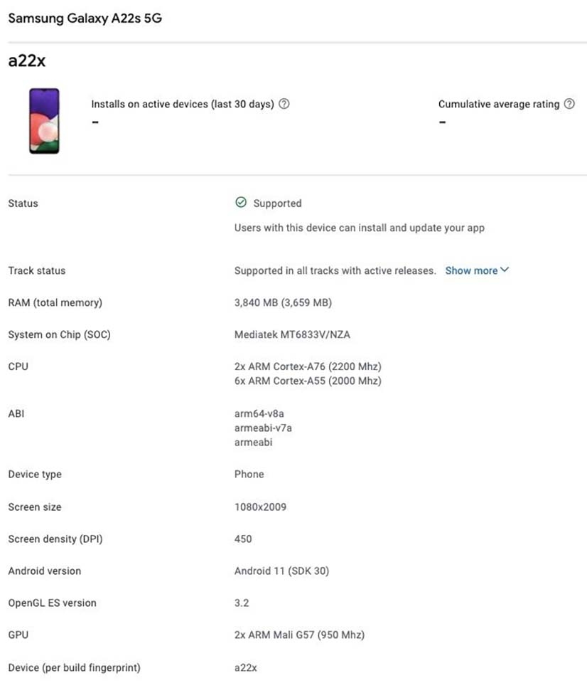 Galaxy A22s 5G lộ cấu hình (ảnh 2) Galaxy A22s 5G lộ cấu hình (ảnh 2)