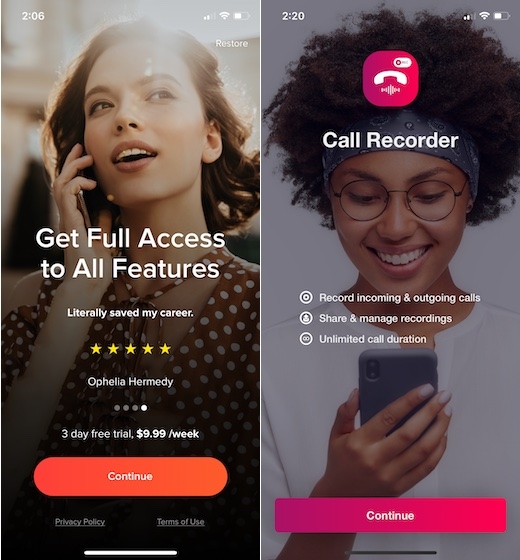 Ứng dụng ghi âm cuộc gọi Call Recorder App trên iOS 14