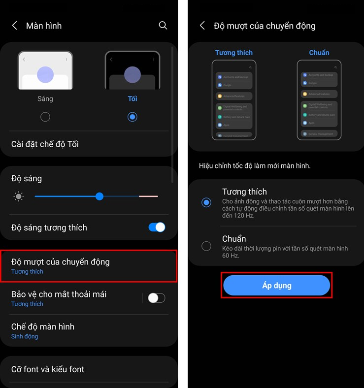Kích hoạt tần số quét màn hình cao