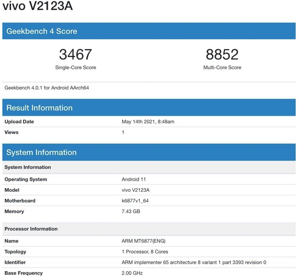 Vivo V2123A xuất hiện trên Geekbench