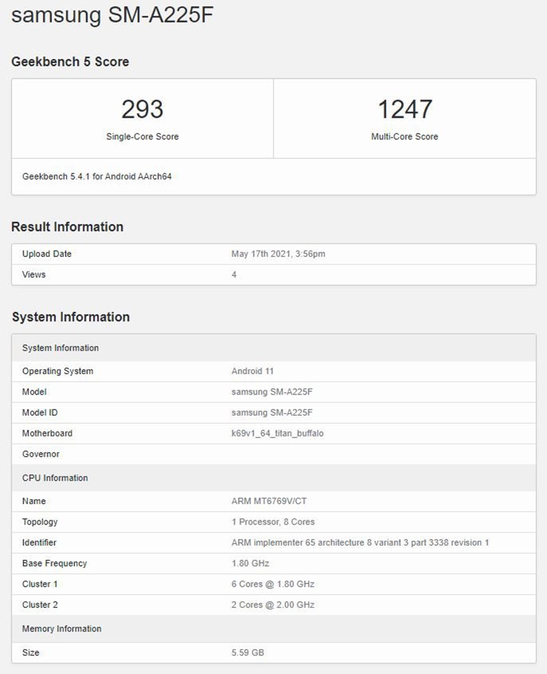 Galaxy A22 4G lộ cấu hình trên Geekbench Galaxy A22 4G lộ cấu hình trên Geekbench