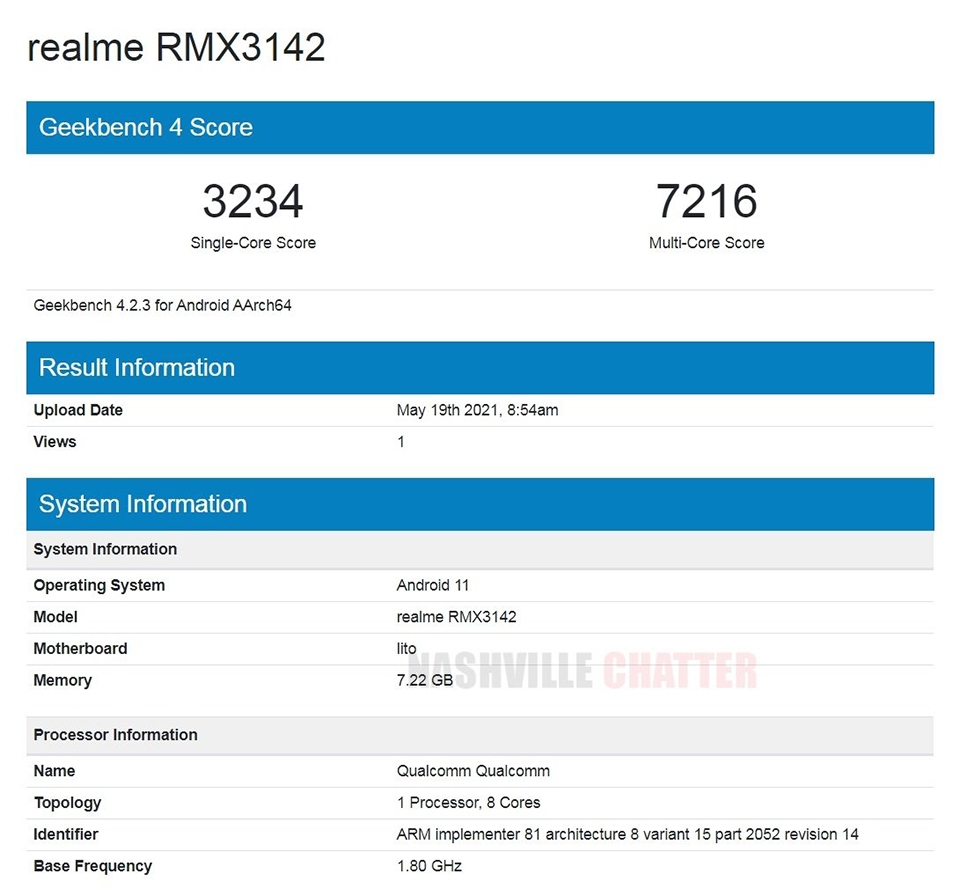 Realme RMX3142 xuất hiện trên Geekbench Realme RMX3142 xuất hiện trên Geekbench