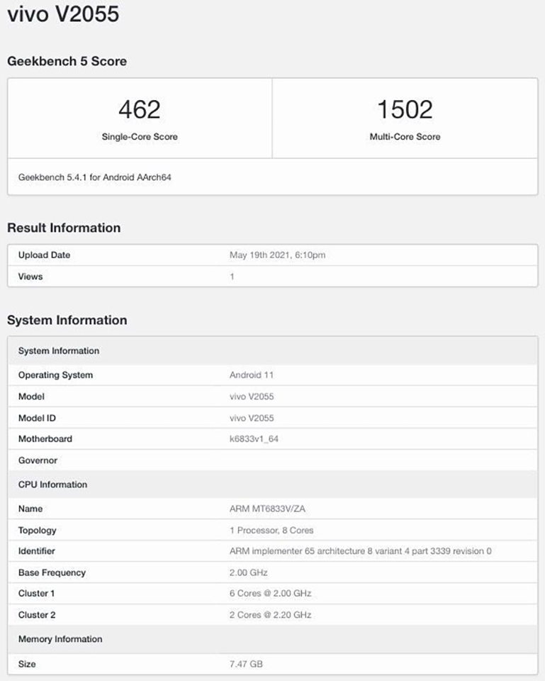 Vivo V21e 5G lộ cấu hình trên Geekbench Vivo V21e 5G lộ cấu hình trên Geekbench
