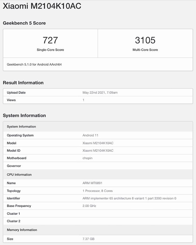 Redmi K40 Light Luxury Edition lộ cấu hình trên Geekbench