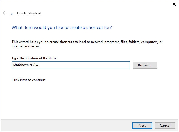 Tạo shortcut cho Boot-to-UEFI Firmware Settings (1)