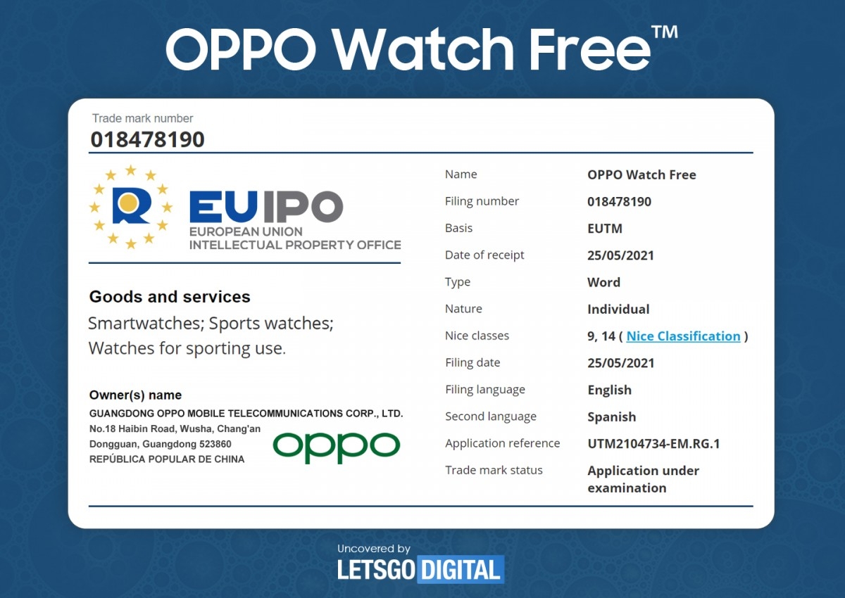 OPPO đăng ký thương hiệu OPPO Watch Free