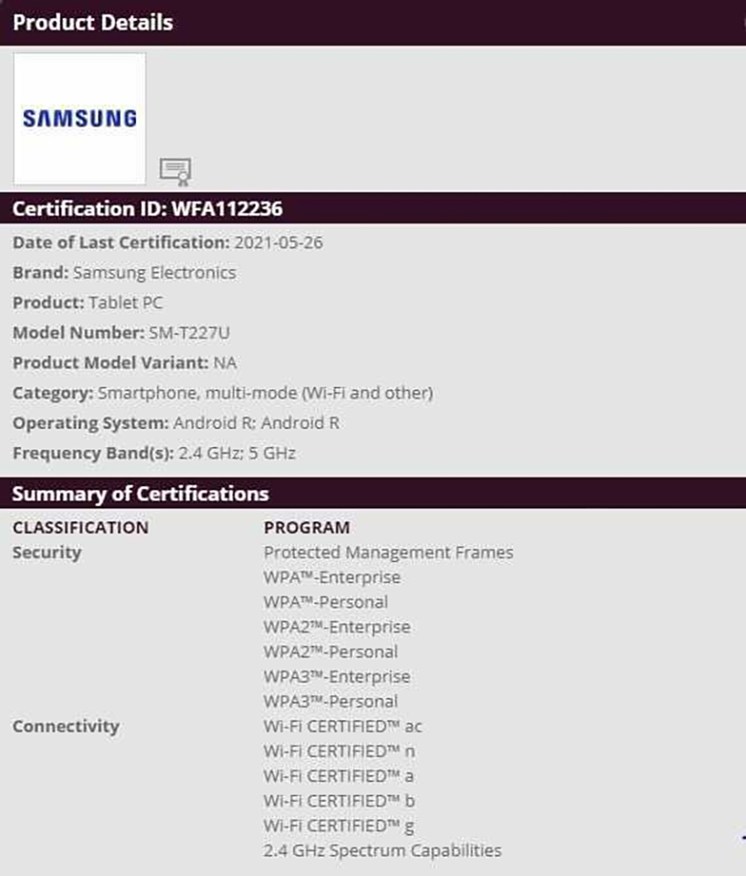Galaxy Tab A7 Lite đạt chứng nhận Wi-Fi (ảnh 1)