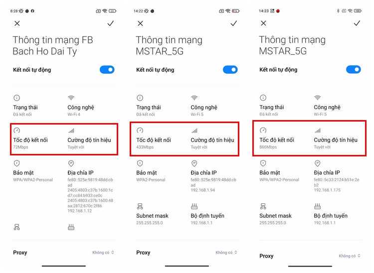 Tốc độ khi kết nối Redmi Note 10 vào mạng Wi-Fi 4 và Wi-Fi 5 (ảnh trái và giữa), kết nối POCO X3 Pro vào Wi-Fi 5 (ảnh phải)
