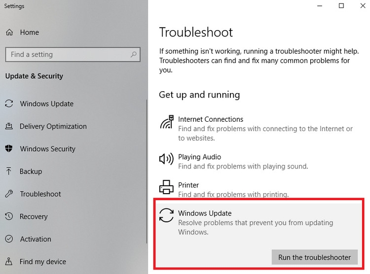 Chạy trình gỡ rối Windows Update