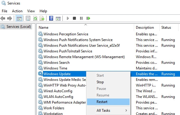 Khởi động lại dịch vụ Windows Update