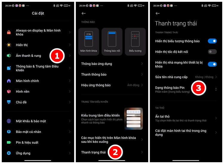 Cài đặt hiển thị pin trên thanh trạng thái Redmi Note 10S