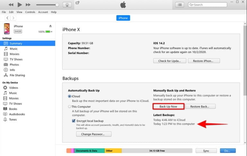 Sao lưu trên máy Mac hoặc PC bằng iTunes