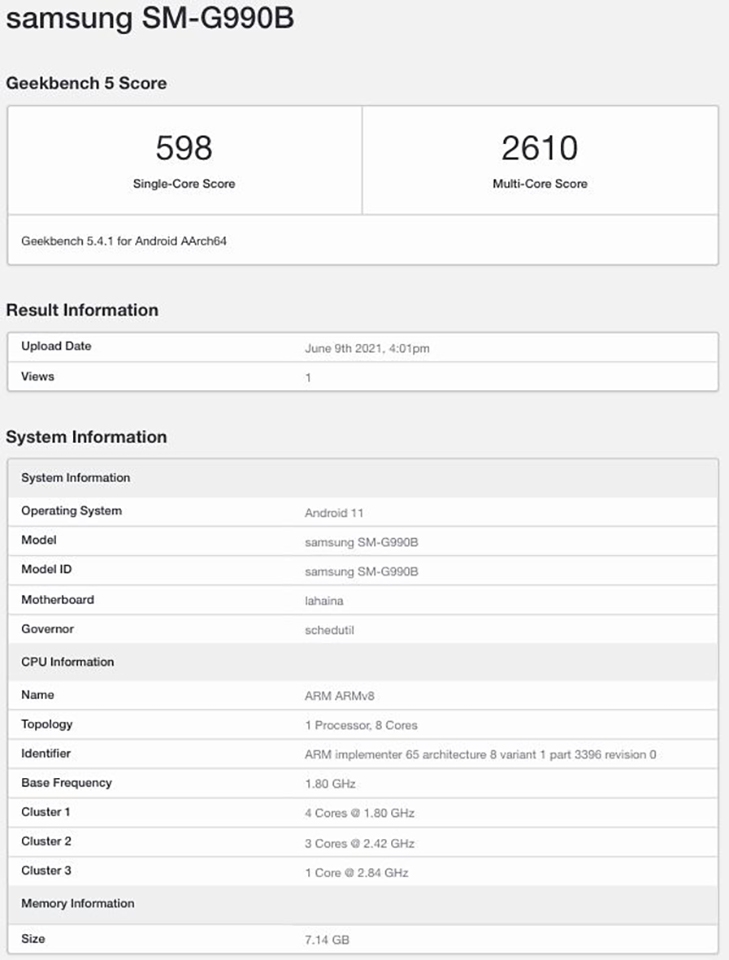 Galaxy S21 FE lộ cấu hình trên Geekbench Galaxy S21 FE lộ cấu hình trên Geekbench