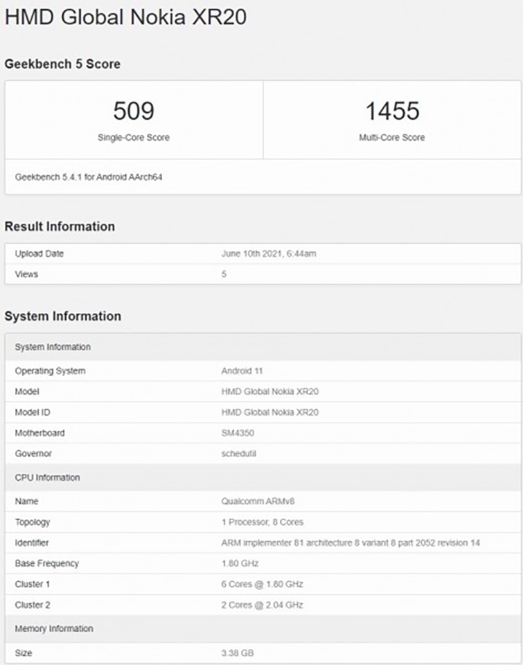 Nokia XR20 lộ cấu hình trên Geekbench