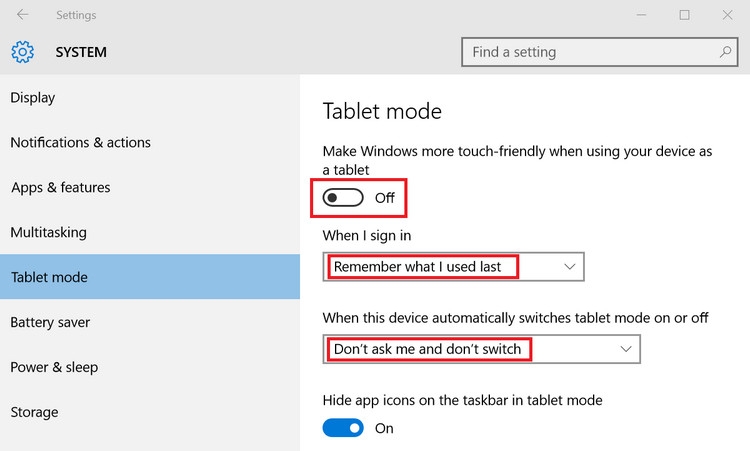 Cách 4. Tắt chế độ Tablet Mode để sửa lỗi Taskbar biến mất trên Windows 10
