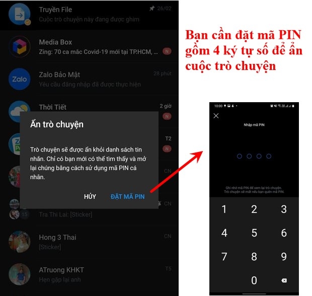 Đặt mã PIN để hoàn thành thao tác ẩn cuộc trò chuyện