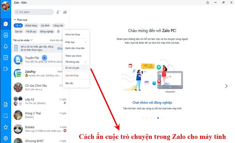 Cách ẩn cuộc trò chuyện trong Zalo trên máy tính