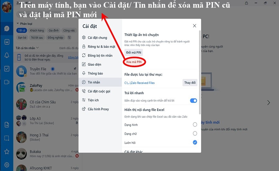 Cách đặt lại mã PIN để ẩn trò chuyện trong Zalo trên máy tính