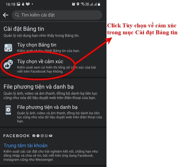 Click Tùy chọn về cảm xúc trong Cài đặt bảng tin