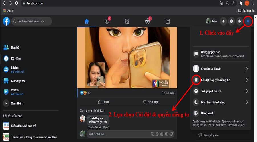 Cách chọn Cài đặt & quyền riêng tư trên Facebook phiên bản web