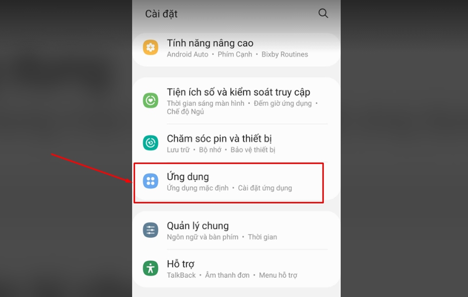 Tìm kiếm phần cài đặt Ứng dụng