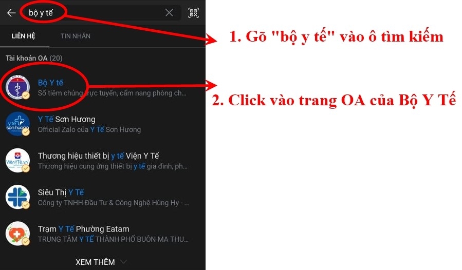 Thao tác để vào trang Zalo Bộ Y Tế