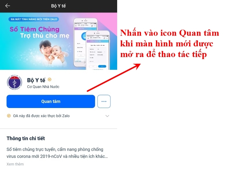 Click vào Quan tâm để thực hiện thao tác tiếp theo