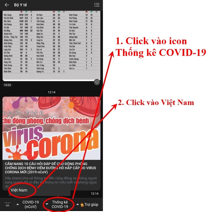Tiếp tục thao tác để tra cứu tình hình COVID-19